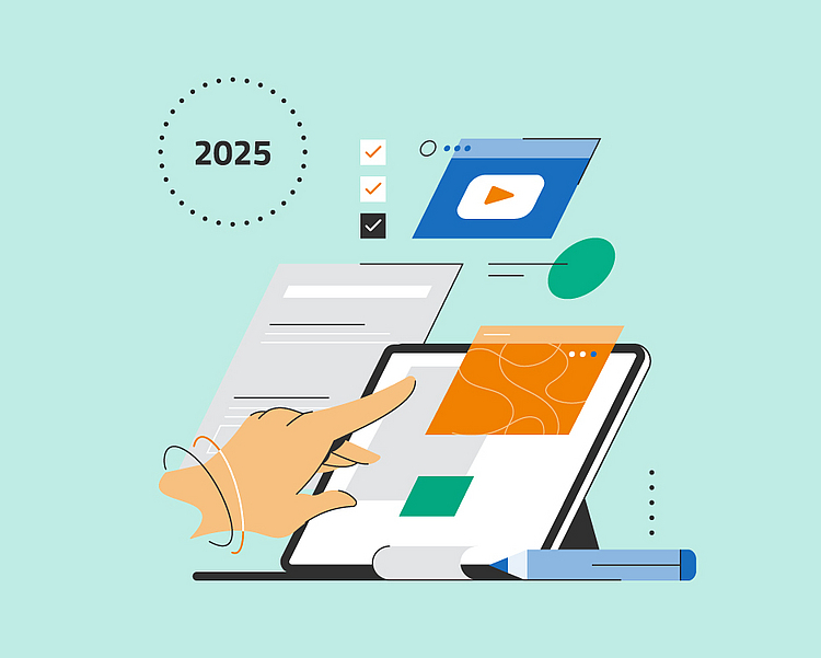 Eine Hand berührt ein Tablet, auf dem verschiedene digitale Inhalte angezeigt werden, darunter ein Diagramm und Dokumente. Daneben sind Symbole für Aufgaben und ein Jahr 2025 sichtbar. Die Darstellung vermittelt den Eindruck von Planung und digitaler Interaktion.